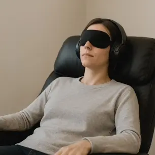 Person wearing an eye mask and headphones